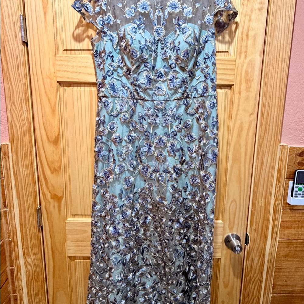 JS Collections Blue and Gray Embroidered Midi Dress